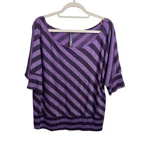 Andrea Purple Striped Top Womens Knit Shirt Dolman Short Sleeve Plus Size 3X